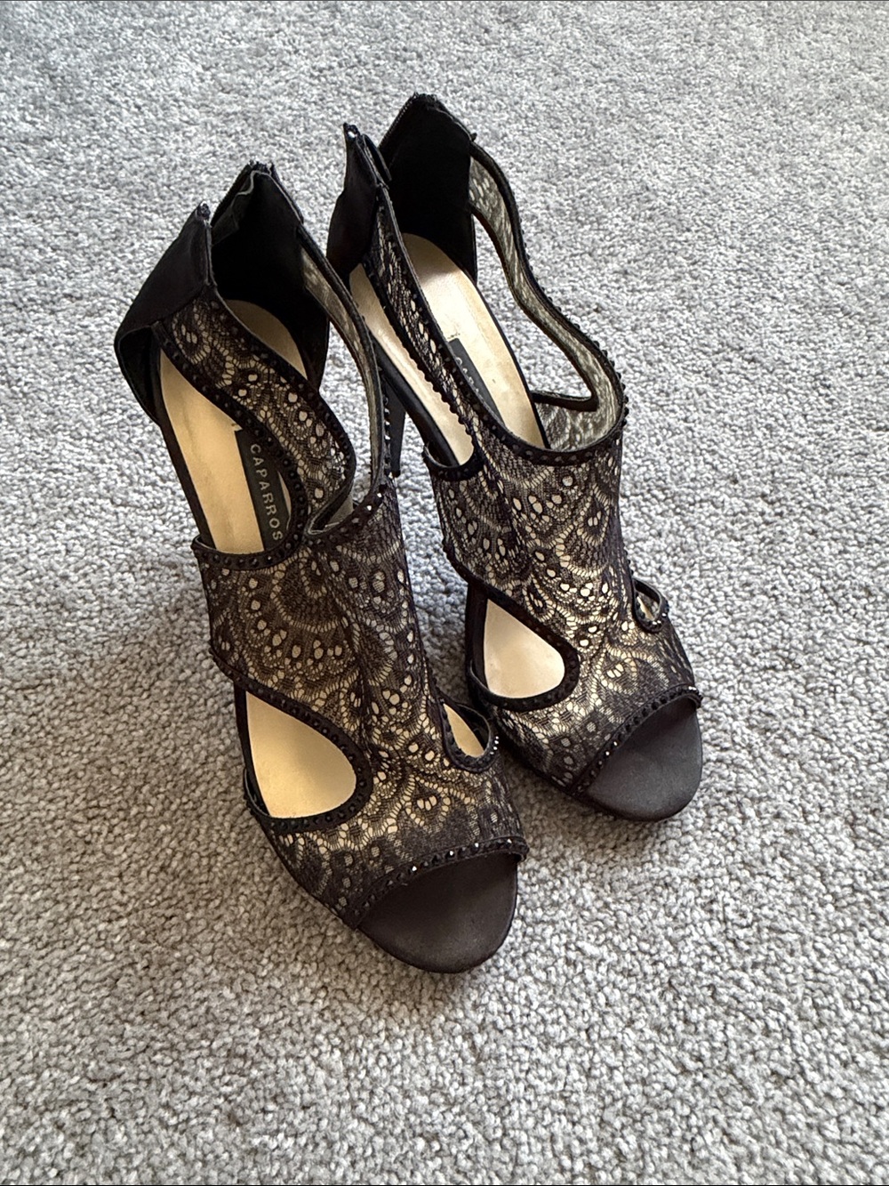 Caparros Black Lace Cutout Peep-Toe Heels